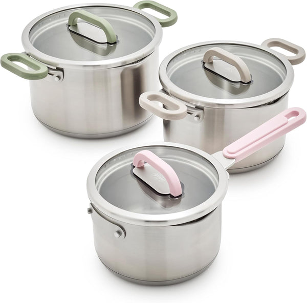BK Twisting by  Stainless Steel 6 Piece Locking Lid Cookware Set, Built in Strainer, Induction Pots & Pans, Drip-Free Pour Spouts, Silicone Handles, Saucepan, Stock Pot, Dishwasher Safe1