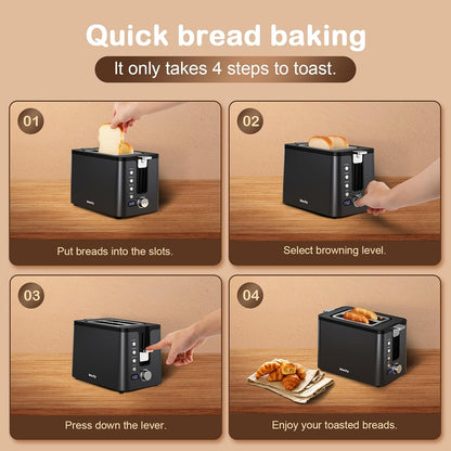 Toaster 2 Slice Stainless Steel Body, Timer, Bagel, Defrost, Reheat, Cancel Functions, Warming Rack, Removable Tray, 6 Browning Settings, Extra Wide Slots, Bread Toaster, 120V 800W Black6