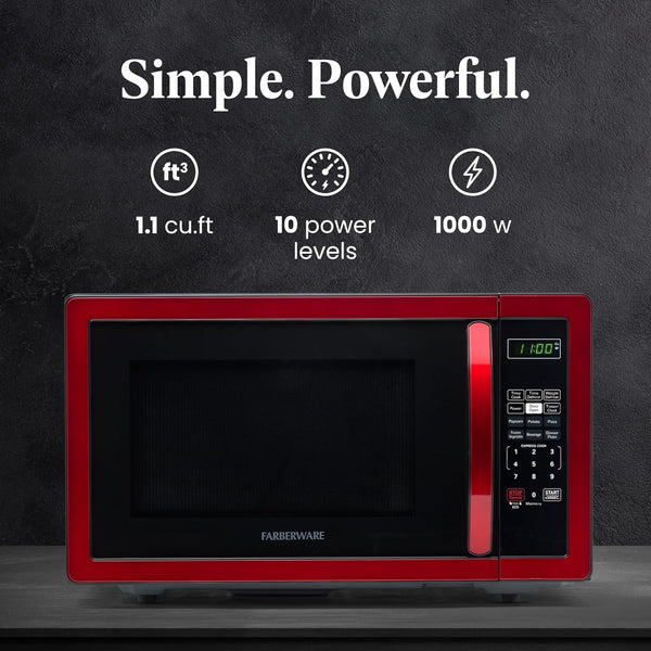 1.1 Cu. Ft. Countertop Microwave Oven – 1000 Watts Power, Auto Cook Settings, Defrost, Easy Clean and Child Safety Lock - Metallic Red2