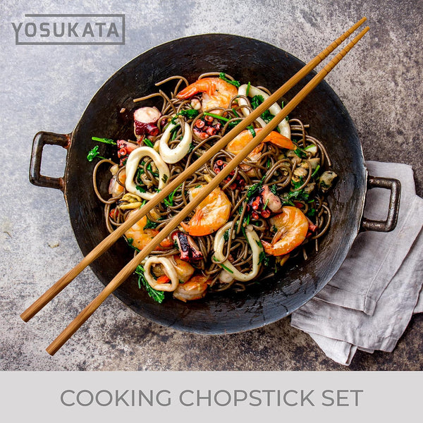 Carbon Steel Wok Pan – 13,5 “ Stir Fry Pans - Chinese Wok with Flat Bottom Pow + Reusable Natural Wooden Long Cooking Chopsticks Set of 3 Pairs: 11.8 Inch, 13-Inch, 14.2 Inch8