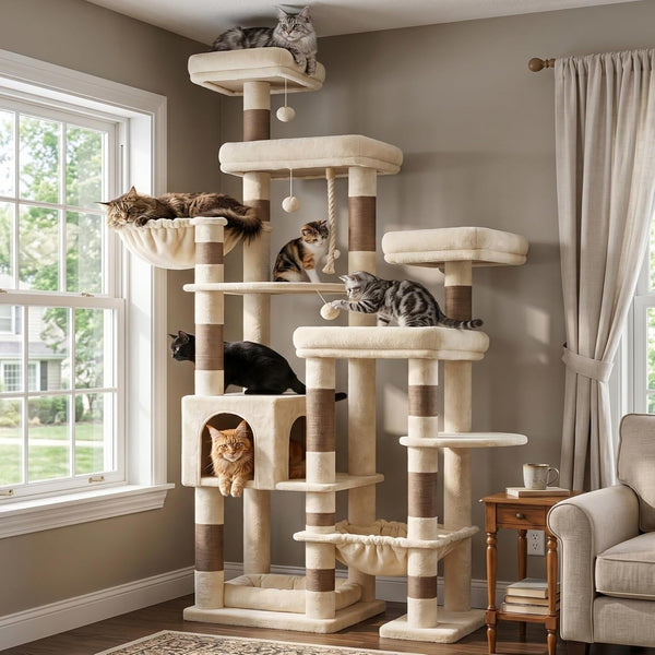 Hey-Brother Cat Tree Tower, Wide Base, 5 Platforms for Multi-Cats, MPJ074MJ | 72.8 Inches Tall Furniture, 5 Plush Beds, Large Condo, Big Hammocks, Sisal Scratching Posts, for Indoor Adult Cat Beige Brown1