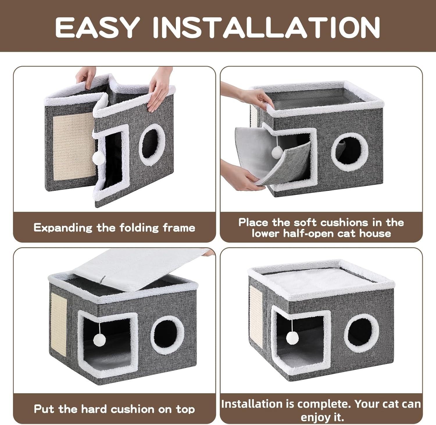 large-cat-houses-for-indoor-cats-with-fluffy-ball-and-scratch-pad-foldable-cat-bed-cave-for-multiple-pets-kitten-bed-for-all-seasons-non-slip-hold-up-to-30lbs-16x16x13inch-grey