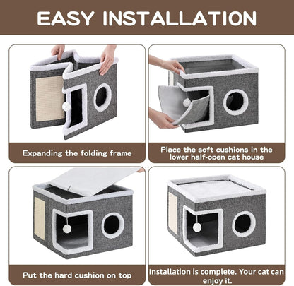 Large Cat Houses for Indoor Cats with Fluffy Ball and Scratch Pad | Foldable Cat Bed Cave for Multiple Pets, Kitten Bed for All Seasons, Non-Slip, Hold up to 30LBS, 16X16X13Inch, Grey6