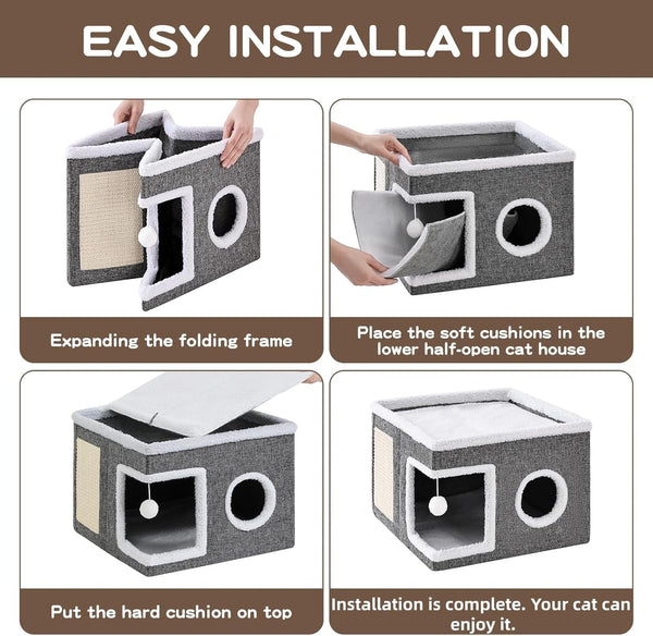 Large Cat Houses for Indoor Cats with Fluffy Ball and Scratch Pad | Foldable Cat Bed Cave for Multiple Pets, Kitten Bed for All Seasons, Non-Slip, Hold up to 30LBS, 16X16X13Inch, Grey6