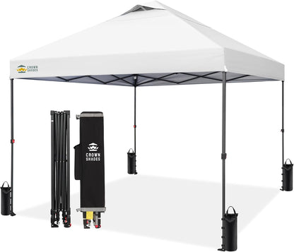 CROWN SHADES 10X10 Pop up Canopy Tent, Outdoor Canopy, White | Patented CENTERLOK One Push Instant,Outdoor Canopy with STO-N-GO Bag,8 Stakes &4 Sand Bags,Waterproof,Vented,Beach,Camping1