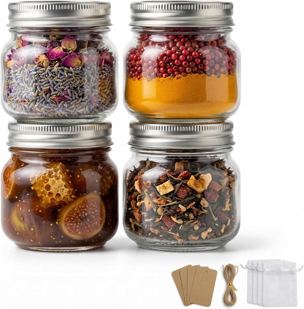 8 Oz Mason Jars with Airtight Silver Lids - 4 Pack Small Glass Jars - Thickened Wide Mouth Canning Jars for Spell Jars, Candle Making, Premium Spices & Bathroom Vanity Decor1