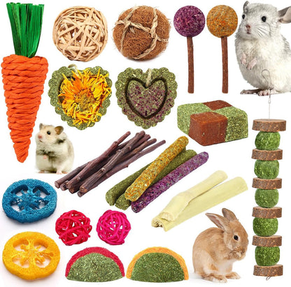 YIXUND Rabbit & Guinea Pig Toys - Natural Timothy Hay & Apple Wood Sticks for Teeth Care - Handmade for Hamster, Bunny, Chinchilla (27 Pcs)1
