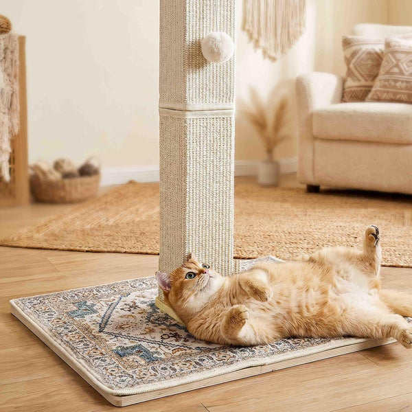 Tall Cat Scratching Post for Indoor Cats Adults, 33'' Large Cat Scratch Post with Perch, Cute Cat Scratching Post with Boho Carpet ＆ Dangling Ball Toys, White4