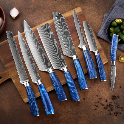SENKEN 16-Piece Knife Block Set - Japanese High Carbon Stainless Steel with Damascus Pattern, Blue Resin Handles, 6 Steak Knives & Acacia Hardwood Block (Blue)4