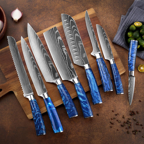 SENKEN 16-Piece Knife Block Set - Japanese High Carbon Stainless Steel with Damascus Pattern, Blue Resin Handles, 6 Steak Knives & Acacia Hardwood Block (Blue)4