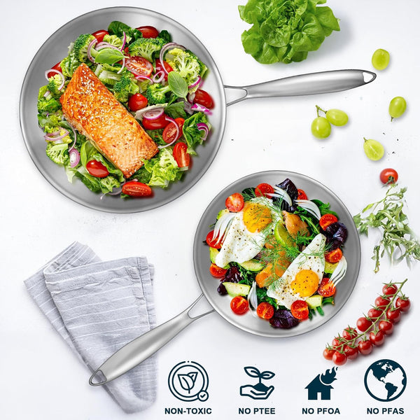 Tri-Ply Stainless Steel Frying Pans Set with Lid,  8”/10”/12” Cooking Pans, PFOA&PTFE Free Skillet, Induction Cooking Pan, Dishwasher and Oven Safe, Fast & Even Heat, Suitable for All Stove6