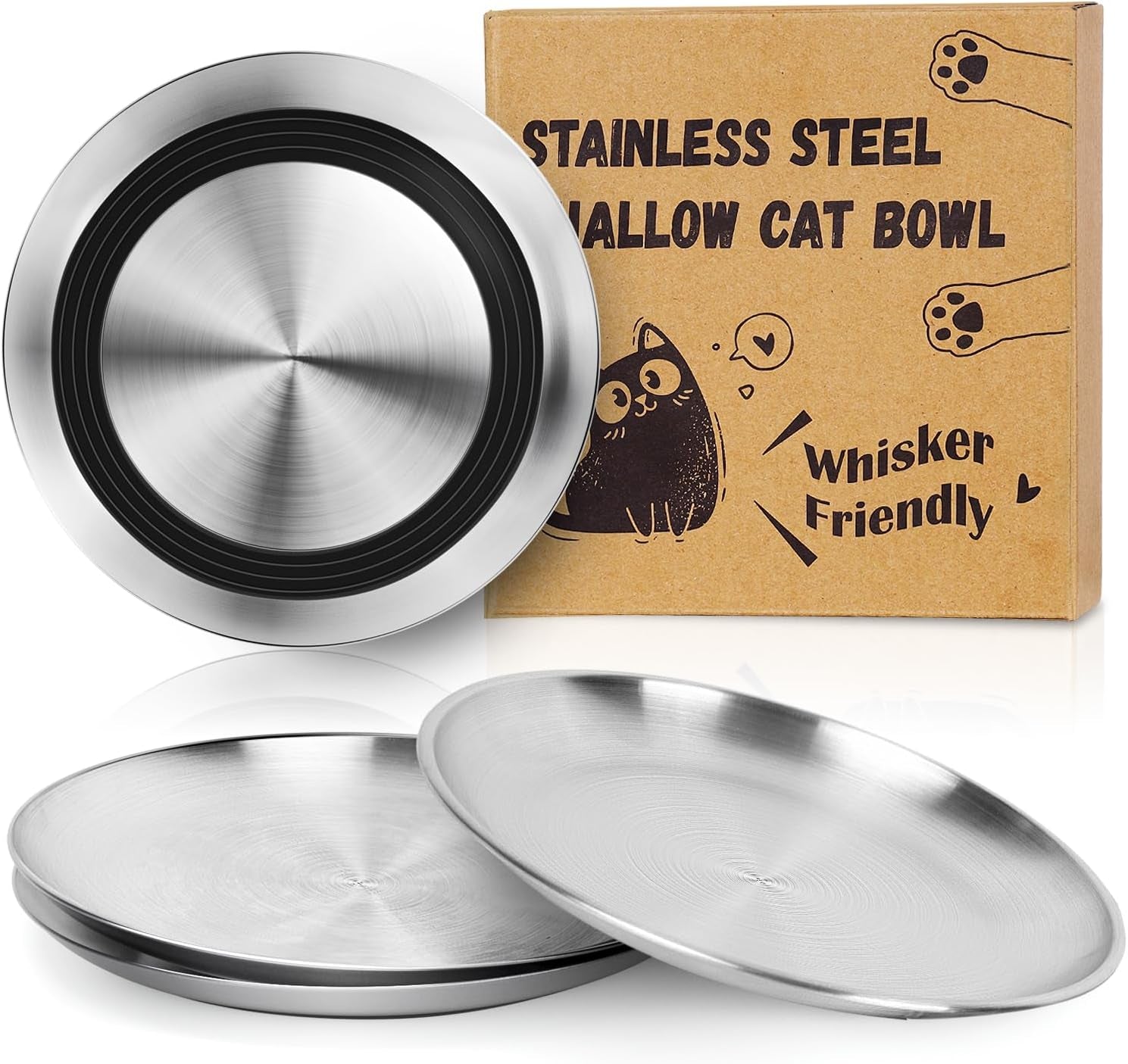 supet-cat-plates-whisker-friendly-non-slip-dish-for-wet-food-shallow-wide-flat-bowls-stainless-steel-metal-for-indoor-cats-kitten-small-dog-13oz-4pcs