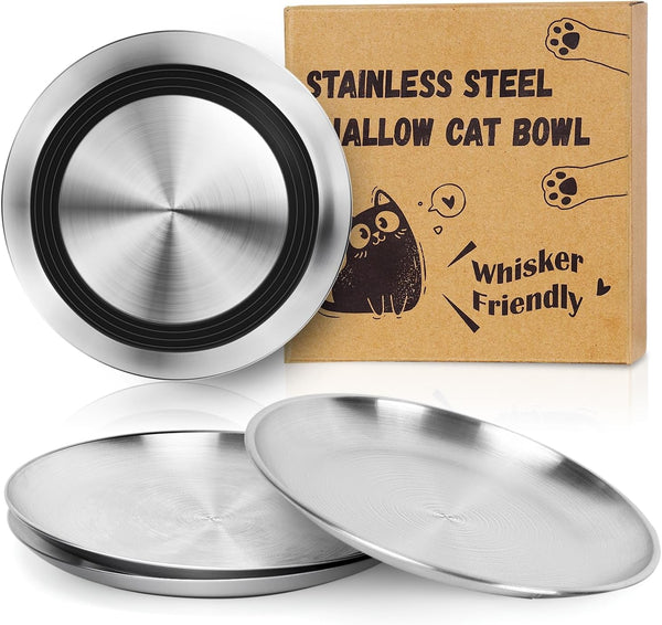 Supet Cat Plates Whisker Friendly, Non Slip Dish for Wet Food, Shallow Wide Flat Bowls Stainless Steel Metal for Indoor Cats, Kitten, Small Dog (13Oz, 4Pcs)1
