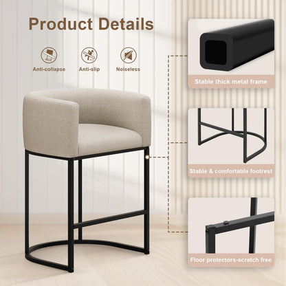 26" H Counter Height Bar Stools Set of 2, Modern Barrel Counter Stools with Backrest and Arms, Linen Fabric Upholstered Accent Barstools for Kitchen Island,Support 450 LBS (Beige)5