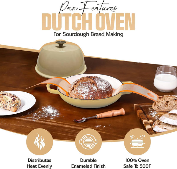 Enameled Cast Iron Dutch Oven Pot with Lid - Dutch Oven for Sourdough Bread Baking - with 5 Blade Bread Lame & Non-Stick Silicone Sling Perfect for Sourdough Breads & More. Cast Iton Enamel Braiser Pan with Lid (WHITE, 6 Quart Sourdough Pot)9