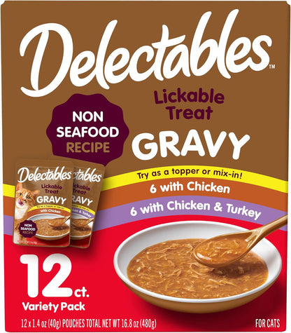 Delectables Lickable Treat Gravy Wet Cat Treat Variety Pack, Food Topper, Hydrating, Grain-Free, No Fillers, By-Products, Added Preservatives, 1.4Oz Pouch, 12Ct1