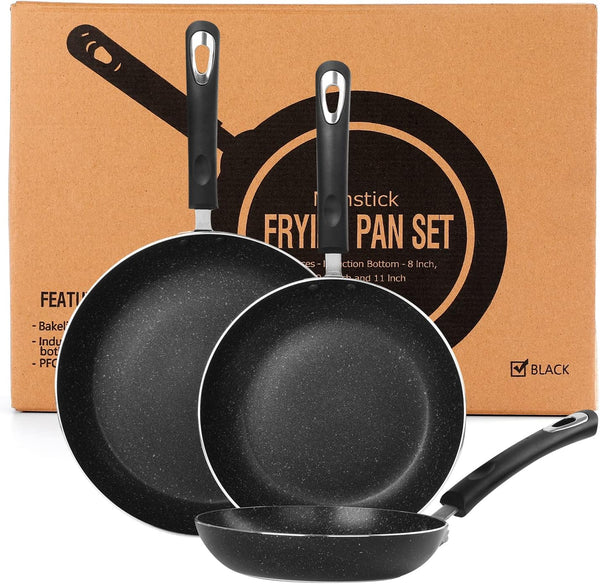 Frying Pan 3-Piece Set, Nonstick Skillet Set for Induction Cooktop, Frying Pan Nonstick 8 Inch+9.5 Inch +11 Inch (Black)1