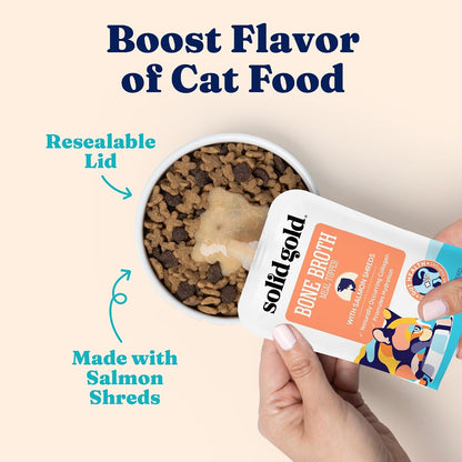 Solid Gold Bone Broth Cat Food Topper - Limited Ingredient Lickable Cat Broth Pouches W/Salmon Protein Shreds & Collagen for Hydration & Gut Support - Easy to Serve Gravy for Cats Meal Topper - 12Ct5
