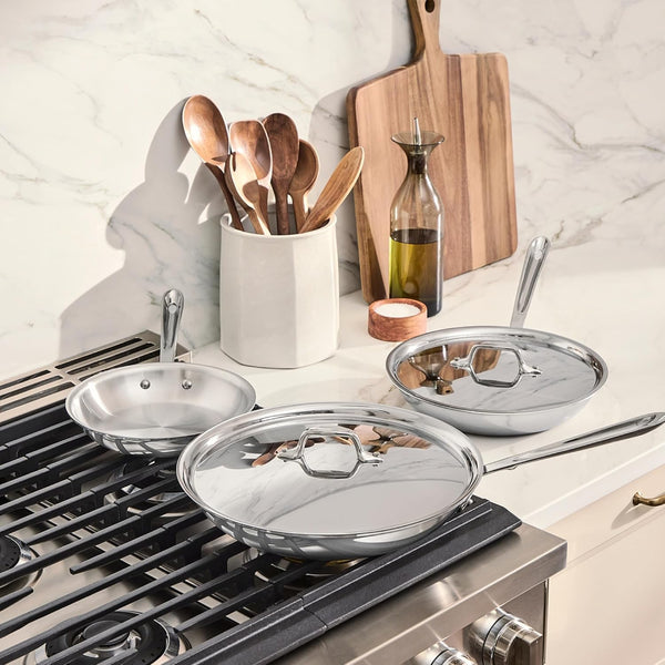 All-Clad D3® Stainless Steel 5 Piece Frypan Set- Made in USA- Includes 8", 10" and 12" Frying Pans with Lid - Professional Grade -Oven Safe & Induction Compatible3