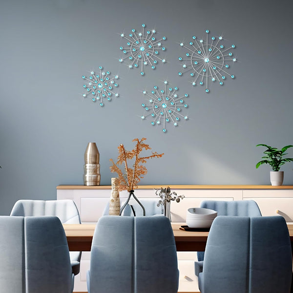 4 Pcs Metal Wall Decor Bling Crystal Wall Art Cast Iron Rhinestones Sunburst Decor Starburst Art Hanging Diamond Accents Home Decorative for Living Room Bedroom Entryway (Blue)5