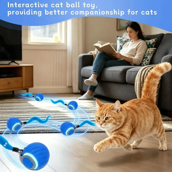 Interactive Cat Toy Ball - Automatic Moving Cat Ball for Indoor Cats with 3 Tails, Rechargeable Silent Kitten Toy for Boredom & Exercise, Rolling Ball Toy with 2 Modes & 2 Speeds.7