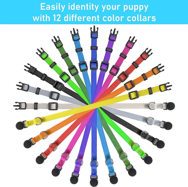 GAMUDA Puppy ID Collars - Super Soft Nylon Whelping Set - Adjustable Breakaway Litter for Pups - Assorted Colors Plain & Identification with 2 Record Keeping Charts - Set of 12 (S)4
