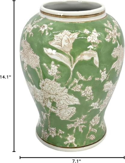 14" Green & White Floral Ceramic Porcelain Ginger Jar Floral Home Décor Jar Urn Shape Vase6