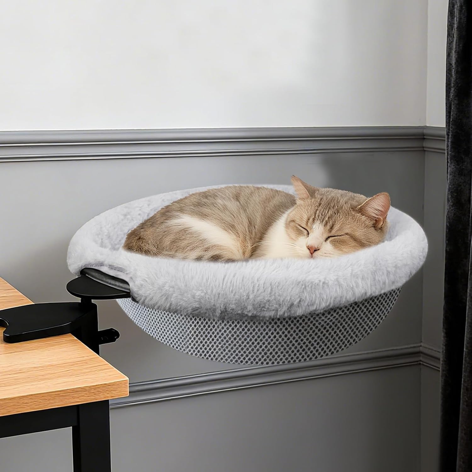 ipow-heavy-duty-steel-frame-360-rotating-cat-desk-bed-semi-circular-cat-bed-soft-faux-rabbit-fur-material-suitable-for-various-desktops-maximum-hold-up-to-40lb