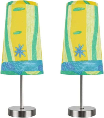 40084-4A, 2-Pack Set - 1 Light Candlestick Table Lamp, Contemporary Design in Satin Nickel, 14 1/4" High, Blue, Yellow, Green Lamp Shade1