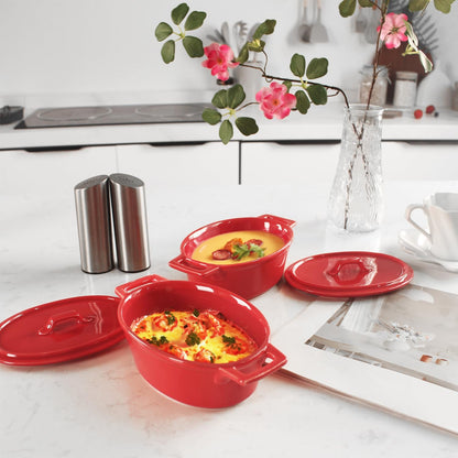 Ceramic Mini Oval Cocotte Set, 10 Ounces Small Casserole Dishes with Lids and Handles, Individual Baking Ramekins, Oven, Microwave & Dishwasher Safe, Red 7.1 Inch5
