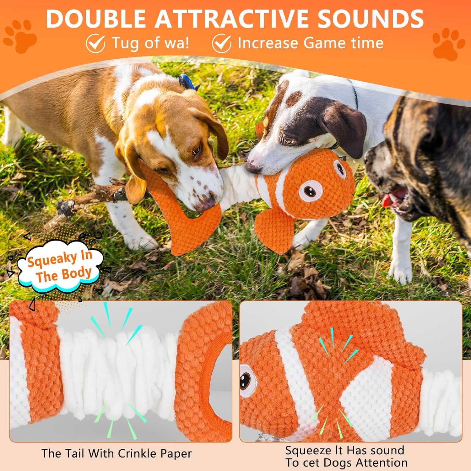 squeaky-clownfish-dog-toy-plush-crinkle-tug-toy-with-handle-pineapple-cotton-plush-with-squeaker-crinkle-paper-stretchable-body-and-tug-handle-for-interactive-indoor-or-outdoor-play