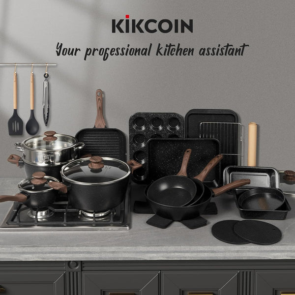 Pots and Pans Set Non Stick 31 Piece Kitchen Nonstick Cooking Cookware Sets with Grill Pan Saucepan Baking Sheet Utensil, Black7
