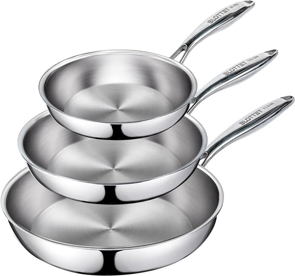 Frying Pan Set(8+10+11.5Inch) Tri-Ply Stainless Steel Frying Pan,Whole-Clad No Coatings Skillet with Stay-Cool Handle for Cooking,Dishwasher and Oven Safe,Induction Cookware Sets1