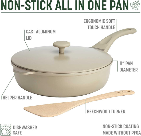 All-In-One Pan, Multilayer Nonstick Cookware Set, High-Performance Construction, Multipurpose Design Replaces Multiple Pots and Pans, Dishwasher Safe, 11-Inch, 4.4-Quart Capacity, Linen4