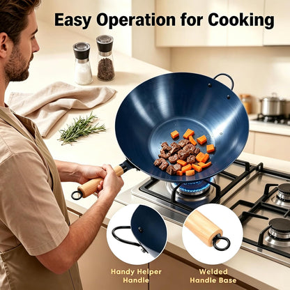 Carbon Steel Wok, 13.5" Woks & Stir-Fry Pans Nonstick, Pre-Seasoned Flat Bottom Wok for BBQ, Grill, Outdoor & Camping, Compatible with Induction, Electric, Gas, Open Fire, Deep Blue3