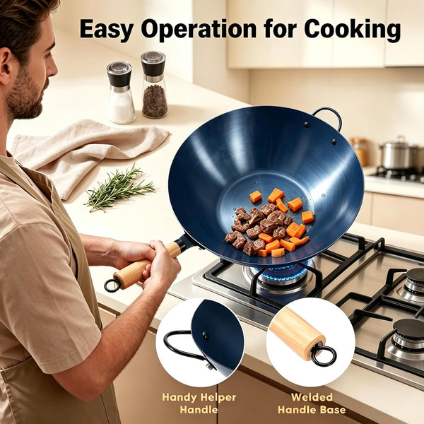 Carbon Steel Wok, 13.5" Woks & Stir-Fry Pans Nonstick, Pre-Seasoned Flat Bottom Wok for BBQ, Grill, Outdoor & Camping, Compatible with Induction, Electric, Gas, Open Fire, Deep Blue3