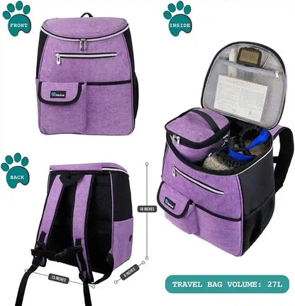 Petami Dog Travel Bag Backpack, 27L Airline Approved Pet Supplies Organizer with 2 Food Containers, 2 Collapsible Bowls & Poop Bag Dispenser, Weekend Road Trip Camping Dog Mom Gift, Purple2