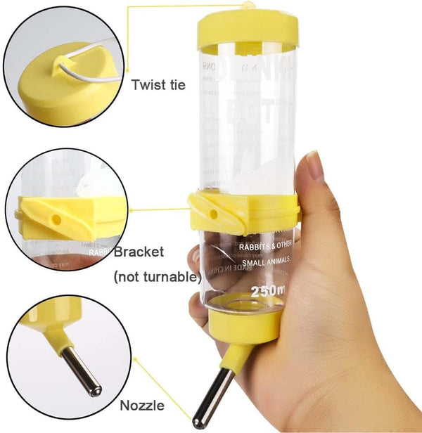 2PCS 8.45 Oz No Drip Small Animal Water Bottle, Cage Water Bottles for Small Pet/Bunny/Ferret/Hamster/Guinea Pig/Rabbit | Plastic, for Small Pet/Guinea Pig/Hamster/Bunny/Ferret/Rabbit, Hanging Wire & Buckle Included, Easy to Install, Yellow & Blue3
