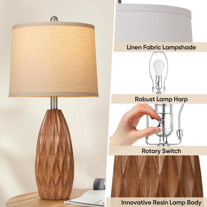 25'' Modern Table Lamp, Wood Grain Resin Table Lamp,Nightstand Lamp | Diamond-Shaped Resin Body, Rotary Switch,2 Bulbs Included, Bedside Lamps for Living Room, Bedroom, Office, Reading Light Home4