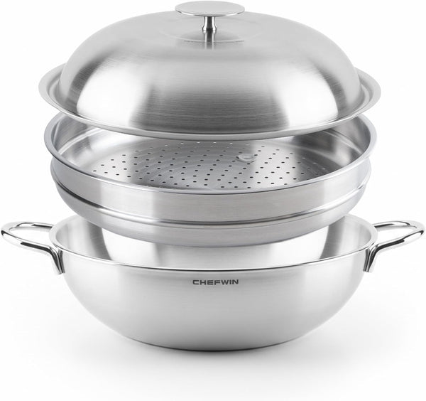 316 Stainless Steel Heavy Duty 12.6 Inch 6.3 Quart Wok Pan with Lid and Steamer, Stir Fry Pan, 5Ply, Induction Cookware, Dishwasher Safe, Oven Safe1