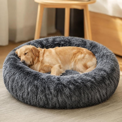 JOLLYVOGUE Small Dog Bed, Calming Dog Beds for Small Dogs & Indoor Cats - 20 Inches Donut Washable Cat Bed for Kittens & Puppies, round Fluffy Plush Faux Fur Pet Beds(Smoke Grey)29