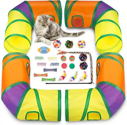 Retro Shaw 33 Pack Cat Toys for Indoor Cats, Collapsible Kitty Tunnel Tent with Feather Teaser Wand, Springs Balls Bell Mouse Interactive Kitten Hideaway Playhouse 15.7 Inches8
