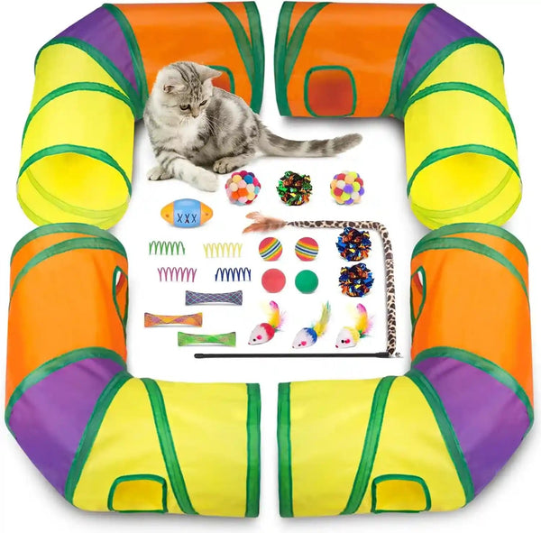 Retro Shaw 33 Pack Cat Toys for Indoor Cats, Collapsible Kitty Tunnel Tent with Feather Teaser Wand, Springs Balls Bell Mouse Interactive Kitten Hideaway Playhouse 15.7 Inches8