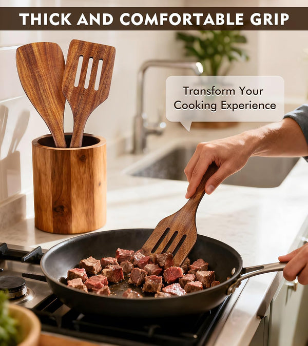 2Pcs Wooden Spatula, Acacia Wooden Spatula for Kitchen Use, Nonstick Cookware Safe Utensils Set Including Turner and Slotted Turner, Ideal Cooking Utensils Gift Set for Cooking, Frying, Baking3