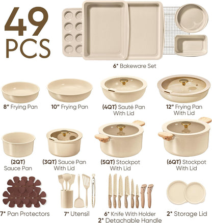 49Pcs Pots and Pans Set, Ceramic Cookware Set with Detachable Handle | Baking Pans Set, Knife Set, Non Stick, Induction Compatible, Dishwasher& Oven Safe, Space Saving, for Kitchen/Rv/Camping2