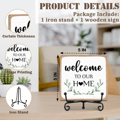 Welcome to Our Home Sign Decor, Rustic Home Kitchen Wooden Sign with Iron Stand, Housewarming Gift for Living Room Bedroom Bathroom Shelf Table - A042