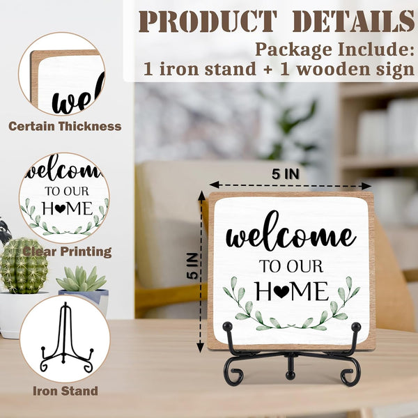 Welcome to Our Home Sign Decor, Rustic Home Kitchen Wooden Sign with Iron Stand, Housewarming Gift for Living Room Bedroom Bathroom Shelf Table - A042