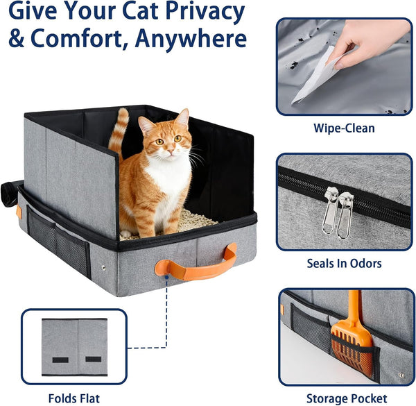 MORAIS Portable Travel Litter Box for Cats, 17.7"×13.5"×11" Collapsible Cat Litter Box with Lid, Leak-Proof Cat Litter Pan for Car Hotel Airplane, Waterproof & Easy to Carry- Gray4