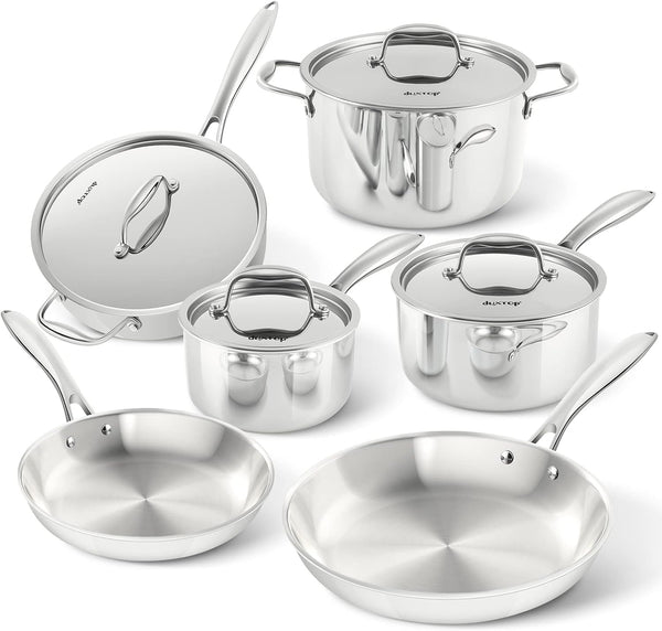 Tri-Ply Stainless Steel Induction Cookware, 10PC Pots and Pans Set | Whole Clad 3-Layer Steel, Family Cookware Set, Even Heating, Dishwasher and Oven Safe1