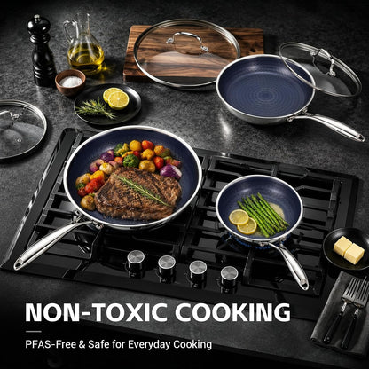 3 Pcs Non Stick Frying Pans Set, 8", 10", 12" Stainless Steel Pans | Skillet and Frying Pans Nonstick, Stay Cool Handle, PFOA/PFAS/PTFE Free, Dishwasher & Oven Safe, Induction Compatible, Blue5